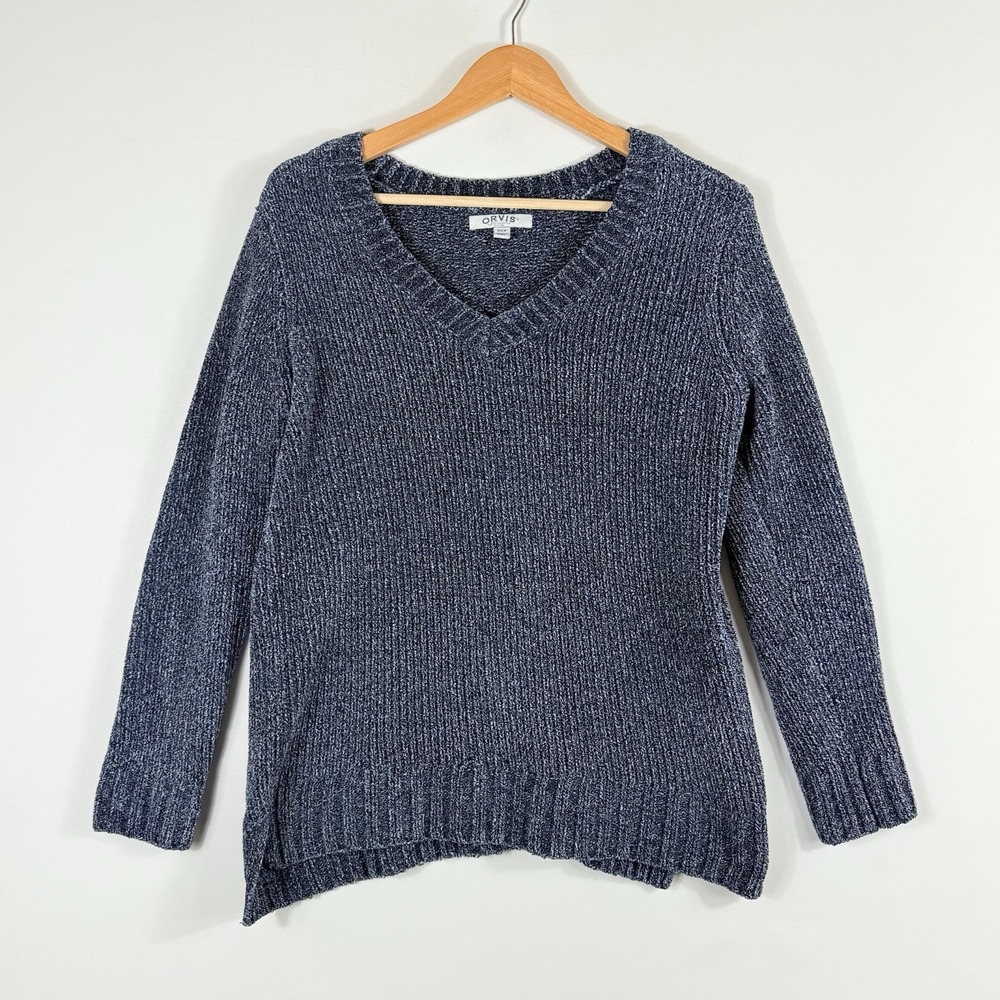Orvis Chenille Sweater Womens Small Blue Marled V-Neck Long Sleeve Cabincore